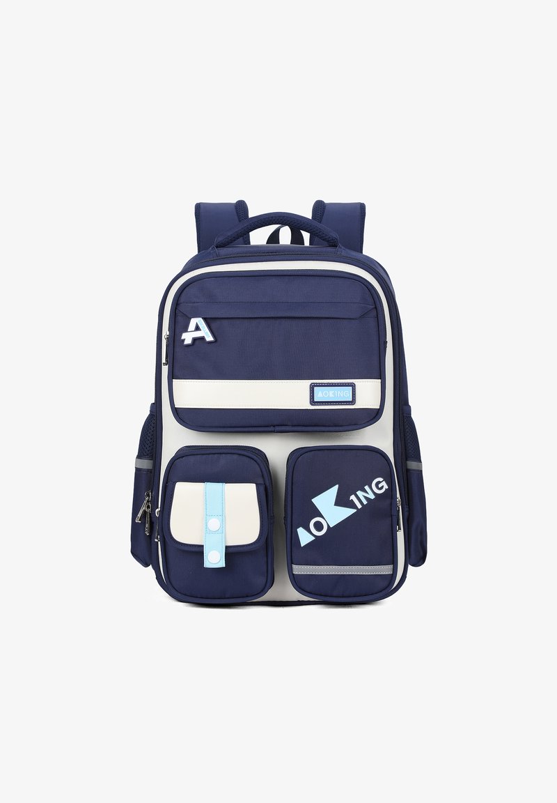 Zaino blu navy con una striscia beige a contrasto, numerosi zip, due tasche frontali e un accento riflettente. Realizzato in tessuto resistente.