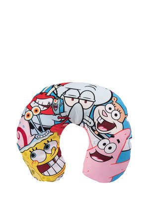 U-shaped travel neck pillow featuring colorful cartoon characters including sponge, starfish, squirrel, squid, crab, and snail faces.