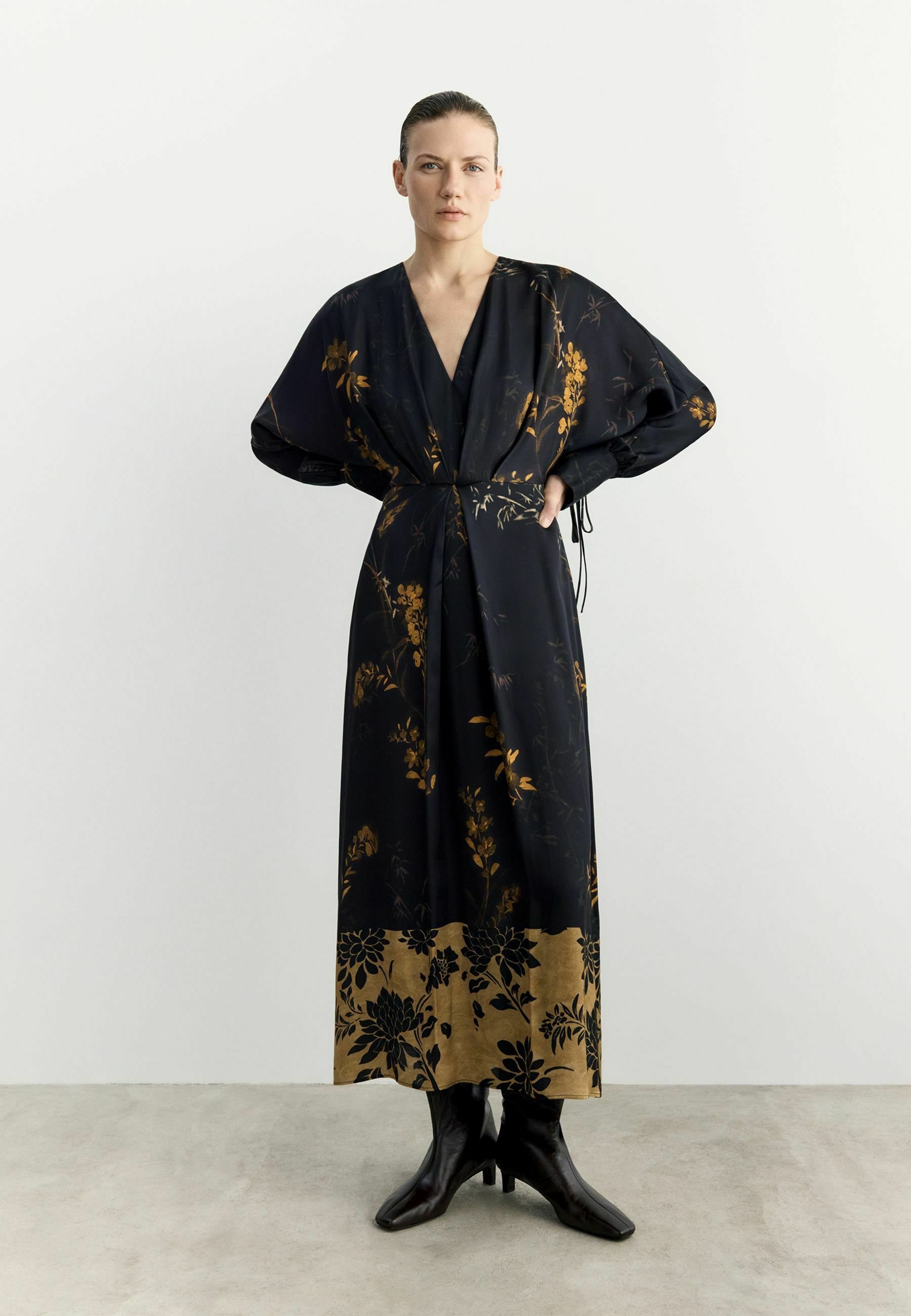 black and gold midi dress with sleeves Silk Kimono Dress | Floral Embroidered Kimono main image 0