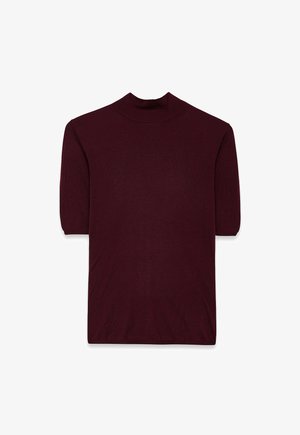 Burgundská krátkoptsová roláková sveter v mäkkom, rebrovom vzore s priliehavým strihom a jemne elastickým materiálom.