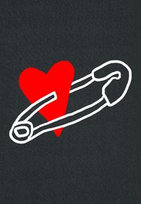 Un fond noir présente un contour blanc d'une épingle de sûreté superposé à un cœur rouge plein, le tout dans un style graphique et simpliste.