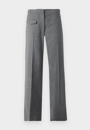 Grau gefärbte Hose mit geradem Bein, glatter Textur, einer hinteren Tasche und subtilem Stoffmuster.