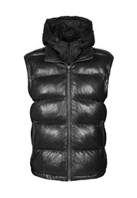 Zwarte gewatteerde leren mouwloze bodywarmer met ritssluiting aan de voorkant en een capuchon met verstelbare trekkoorden.