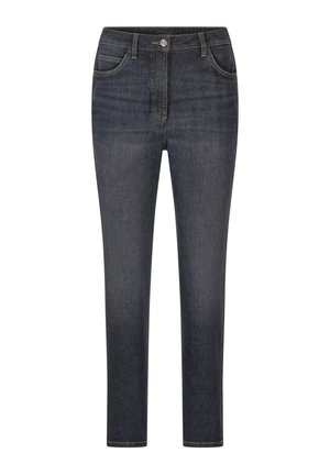 Donkerblauwe denim jeans met een slim fit, vijf zakken en een sluiting met een voorknop. Minimale stiksel details en een rechte pijp design.