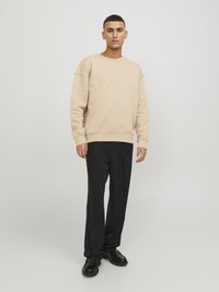 Sudadera de cuello redondo beige con hombros caídos, combinada con pantalones negros con pliegues y zapatos negros. Textura de tela suave en toda la prenda.