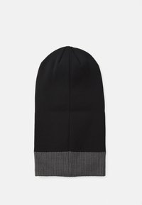 Black knit beanie with a gray ribbed hem. The fabric is smooth, featuring a streamlined design and a rounded top, providing warmth and comfort.