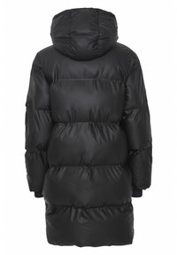 Giacca a vento nera con cappuccio, caratterizzata da un design trapuntato, polsini elasticizzati e un taglio a lunghezza media per calore e copertura. Texture liscia.