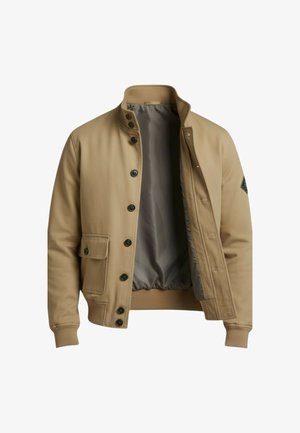 Giacca bomber color cammello con bottoni a pressione, polsini e orlo a coste, fodera interna e tasca con patta sul lato anteriore sinistro.