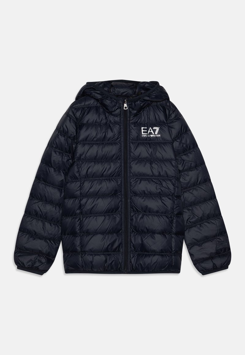 Navy puffer jacket with a zip front, hood, and elastic cuffs. Features quilted texture and EA7 logo on the left chest. Lightweight design.