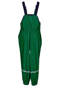 Macacões verdes à prova d'água com alças azuis marinhas, cintura elástica e faixa refletora perto da bainha. Projetados para durabilidade e flexibilidade.