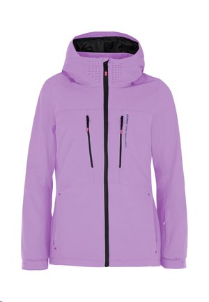 Lavendelfarbenen, wasserdichten Jacke mit Kapuze, schwarzem Reißverschluss und zwei Fronttaschen. Verfügt über Belüftungslöcher und verstellbare Manschetten für einen sicheren Sitz.