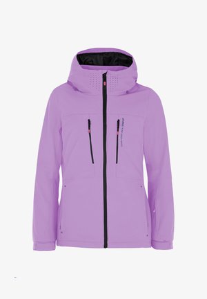 Lavendel waterdichte jas met capuchon, zwarte rits en twee voorkruizen. Heeft ventilatiegaten en verstelbare manchetten voor een veilige pasvorm.