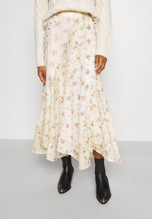 Blommig midi kjol i lätt tyg, med en krämfärgad bas och rosa samt blå blommor, asymmetrisk nederkant, plisserad design och fin textur.