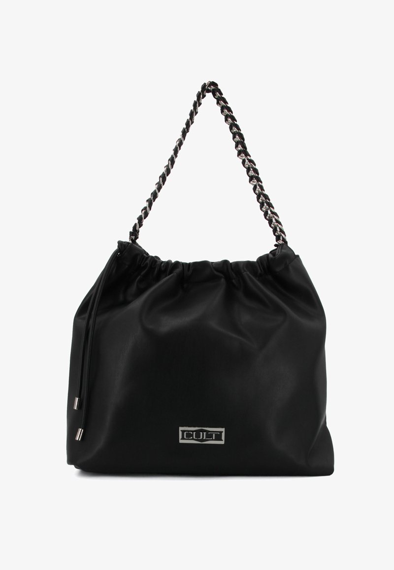 Borsa a secchiello nera in pelle sintetica con tracolla a catena intrecciata, apertura cinchata e logo argentato sul davanti. Texture liscia.