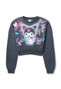 Ciemnoszara krótka bluza z długim rękawem z postacią z kreskówki z motywem czaszki, kolorowym tekstem w stylu graffiti oraz akcentami w formie splatter.