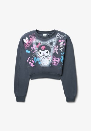 Ciemnoszara krótka bluza z długim rękawem z postacią z kreskówki z motywem czaszki, kolorowym tekstem w stylu graffiti oraz akcentami w formie splatter.