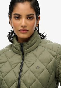 Gequilted olijfgroene jack met een hoge kraag, voorsluiting met rits en subtiel geborduurd logo op de borst. Glad, mat uiterlijk.