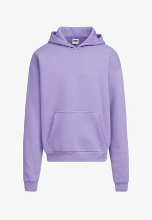 Pulover cu glugă în lavandă deschisă, cu buzunar tip cangur, mansete și margine striate, fabricat dintr-un material moale din bumbac. Design simplu, neîmbelșugat.