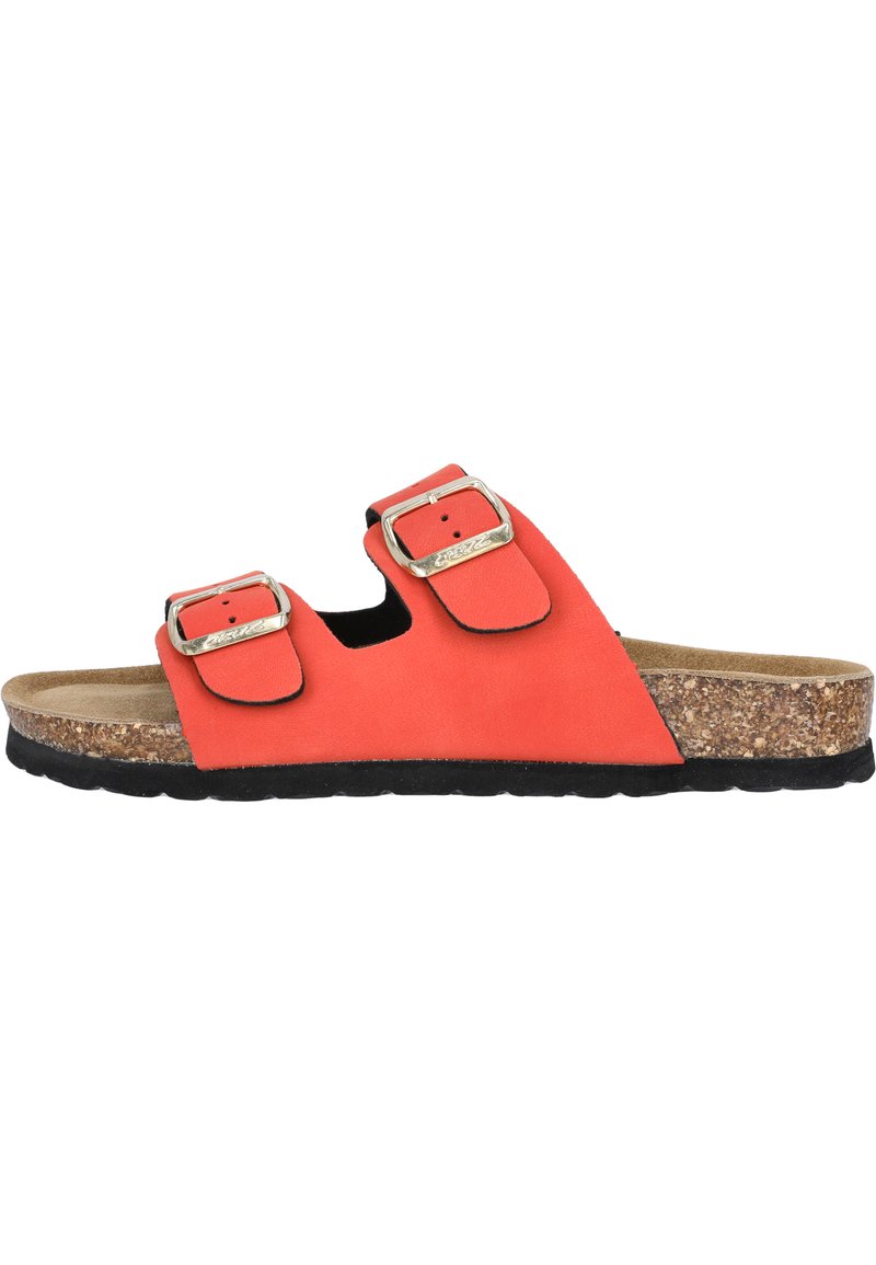 Sandales rouges à glissière avec deux sangles ajustables, boucles en métal, semelle en liège et semelle en caoutchouc texturée noire.