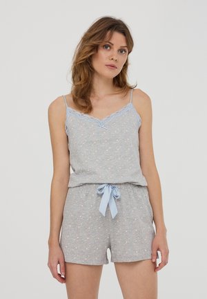 Set di pigiama grigio con un motivo a pois, rifinito con pizzo e un papillon azzurro chiaro. Comprende una parte superiore senza maniche e shorts con una cintura elastica.