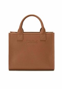 Borsa in pelle marrone con una texture a granuli, dotata di manici arrotondati corti e logo impresso sul davanti. Forma rettangolare compatta.