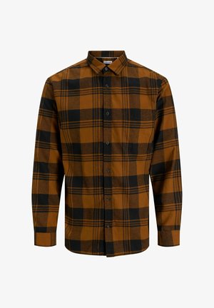 Long-sleeve button-up shirt in brown and black plaid with a small chest pocket and a classic collar.