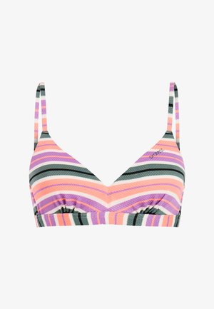 Gestreept bikinibovenstuk met dunne verstelbare bandjes in pastelroze, paars, grijs en wit, met een subtiel gestructureerd patroon.