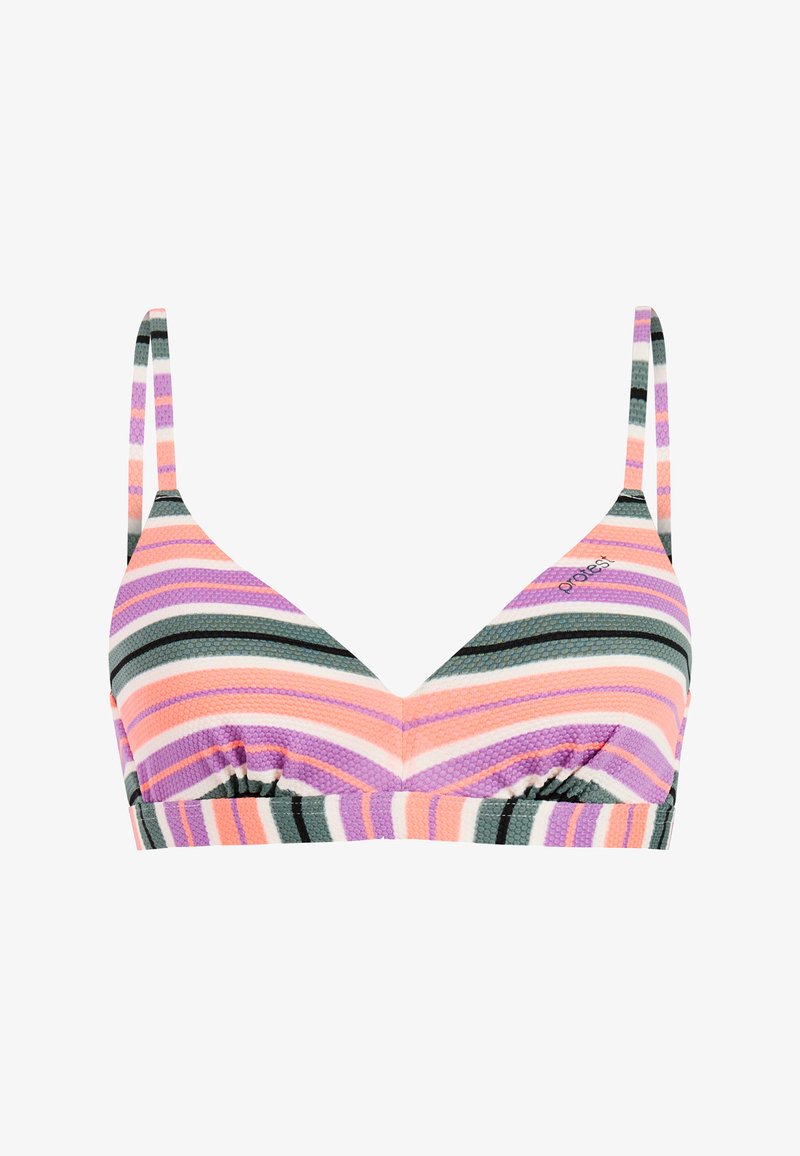 Gestreept bikinibovenstuk met dunne verstelbare bandjes in pastelroze, paars, grijs en wit, met een subtiel gestructureerd patroon.