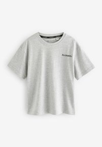 Pilkos trumpomis rankovėmis marškinėliai, pagaminti iš minkštos medžiagos. Sukurta su apvaliu kaklu ir mažuoju juodu "ALLSAINTS" logotipu kairėje krūtinės pusėje.