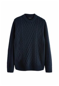 Ciemnoniebieski sweter dzianinowy z wzorem w warkocze, z prążkowanymi mankietami i dołem. Wykonany z teksturowanej tkaniny, z okrągłym dekoltem.