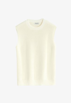 Haut sans manches en tricot côtelé de couleur crème clair. Présentant un col rond et un tissu texturé. Sans matériel ou accents visibles.