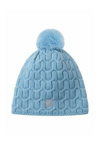 Beanie azzurro chiaro lavorato a maglia con un motivo testurizzato a nido d'ape, completato da un pompon morbido, presenta un piccolo patch logo grigio sul davanti.