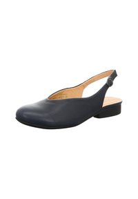 Navyblaue Leder-Slingback-Schuhe mit niedrigem Absatz, abgerundeter Spitze und einem V-förmigen Ausschnitt auf der Vorderseite. Verfügt über einen Schnallenriemen zur Befestigung.