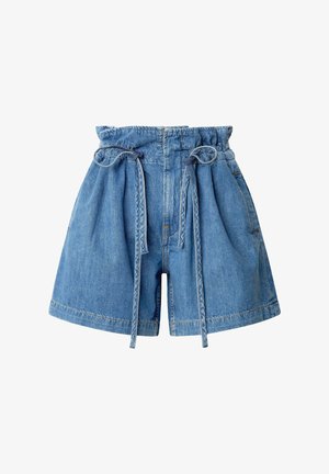 Jeansshorts mit elastischem Bund, Kordelzug und zwei seitlichen Taschen. Hellblaue Farbe mit einer lockeren Passform und gesticktem Saum.