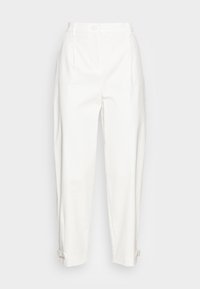 White linen trousers with a relaxed fit, featuring a button closure, pleats, and adjustable cuffs. Smooth texture with a crisp appearance.