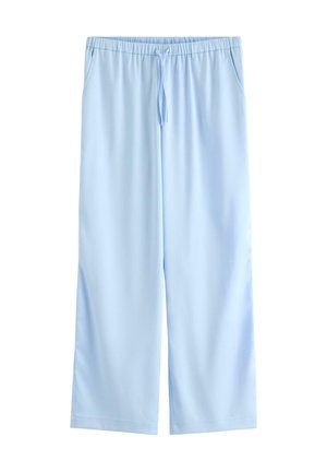 Lyseblå løstsiddende bukser med elastisk talje og snøre, frontlommer og brede, lige ben.