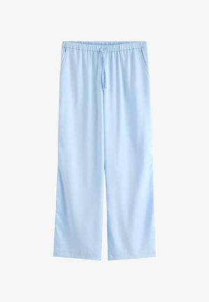 Lyseblå løstsiddende bukser med elastisk talje og snøre, frontlommer og brede, lige ben.