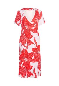 Rotes Blumenkleid mit kurzen Ärmeln, V-Ausschnitt und seitlichem Raffung. Aus leichtem Stoff mit weißem Hintergrund und kräftigem roten Blumenmuster.