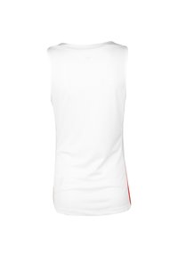 Top bianco senza maniche realizzato in tessuto testurizzato, con scollo tondo e accenti rossi lungo le cuciture laterali.