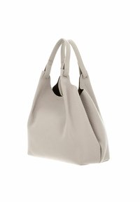 Sac à main en cuir gris clair, avec une texture lisse, une silhouette arrondie, des poignées doubles et un design à ouverture supérieure.