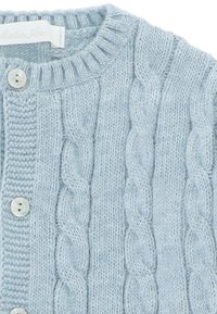 Cárdigan azul claro elaborado con tejido de punto, que presenta un cuello acanalado y un patrón de trenzas a lo largo del cuerpo, asegurado con botones blancos.