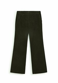 Pantalon large en velours côtelé vert foncé avec deux poches avant et une surface texturée. Fini par une coupe droite à l'ourlet.