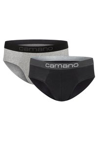 Zwei Paare Herrenunterhosen, eine grau und eine schwarz. Beide verfügen über einen breiten elastischen Bund mit dem "camano"-Logo in kontrastierenden Farben und flachen Nähten.