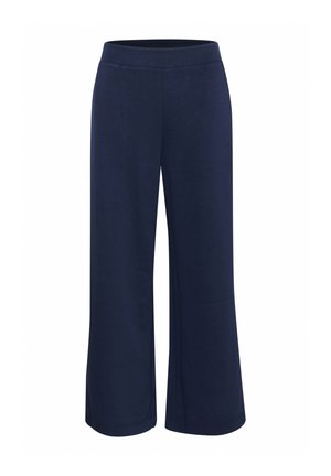 Tumed laiad püksid pehmest kangast, millel on elastne vöökoht ja sile tekstuur. Ilma silmatorkavate mustrite või konksude detailideta.