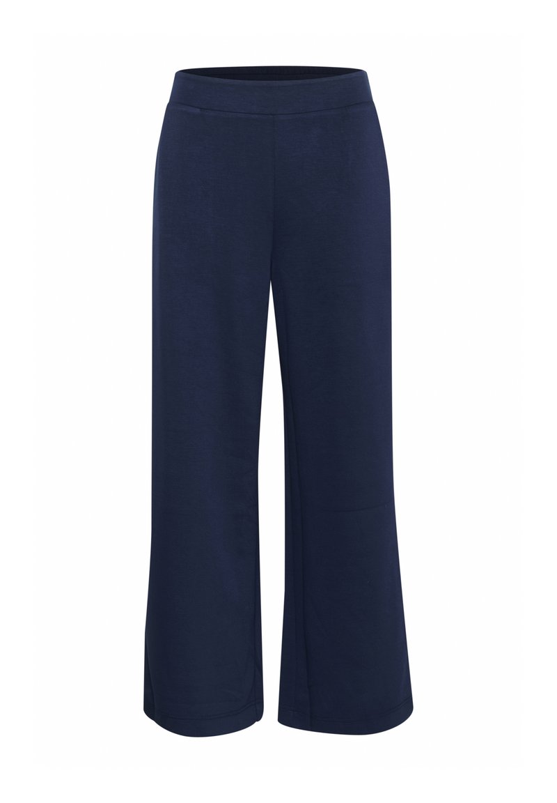 Navy wijde broek gemaakt van zacht materiaal, met een elastische tailleband en een gladde textuur. Geen opvallende patronen of hardware-details.