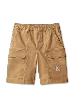 Lyst brun cargo-shorts med elastisk midjebånd, sidelommer og Calvin Klein-logo brodert på forsiden av høyre ben.