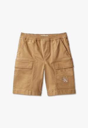 Lyst brun cargo-shorts med elastisk midjebånd, sidelommer og Calvin Klein-logo brodert på forsiden av høyre ben.