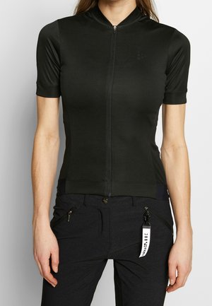 Fitted short-sleeve black cycling jersey with a front zipper and a stand-up collar. Material appears smooth with subtle branding detail.