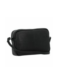 Borsa a tracolla in pelle nera con superficie testurizzata, forma rettangolare, chiusura con zip superiore e tracolla regolabile.