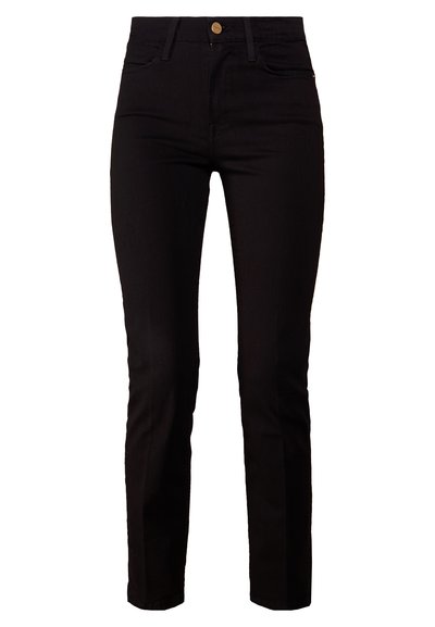 Svarta denimjeans med slim fit, femficksdesign och knäppning fram. Tyget har en slät yta och en lätt stretch.